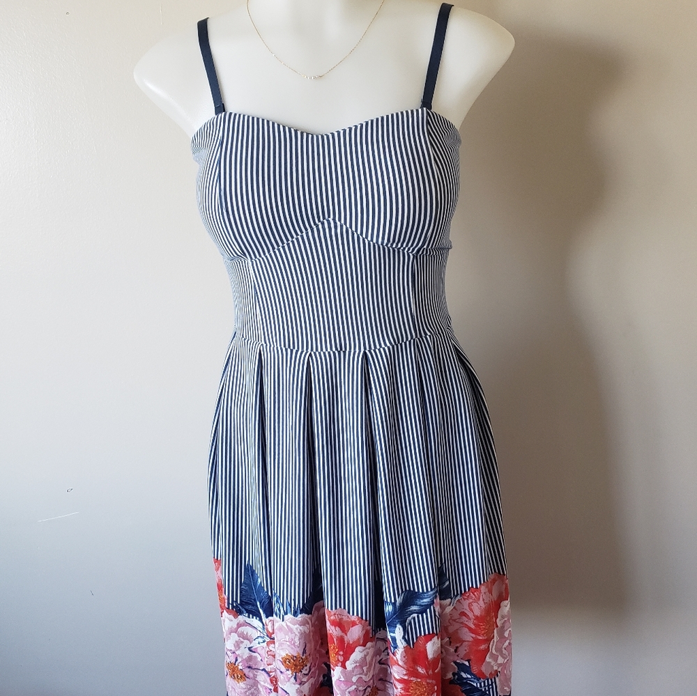 Blue Striped Floral Dress with Removable Straps - Picture 2 of 16